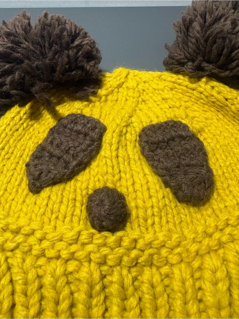 Panda Yellow Knit Beanie with Brown Pom Pom Ears